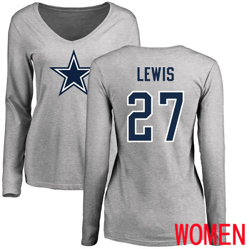 Women Dallas Cowboys Ash Jourdan Lewis Name and Number Logo Slim Fit #27 Long Sleeve Nike NFL T Shirt->nfl t-shirts->Sports Accessory